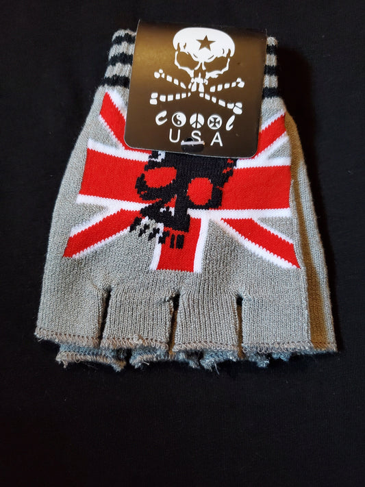 Skull with Union Jack gray fingerless gloves