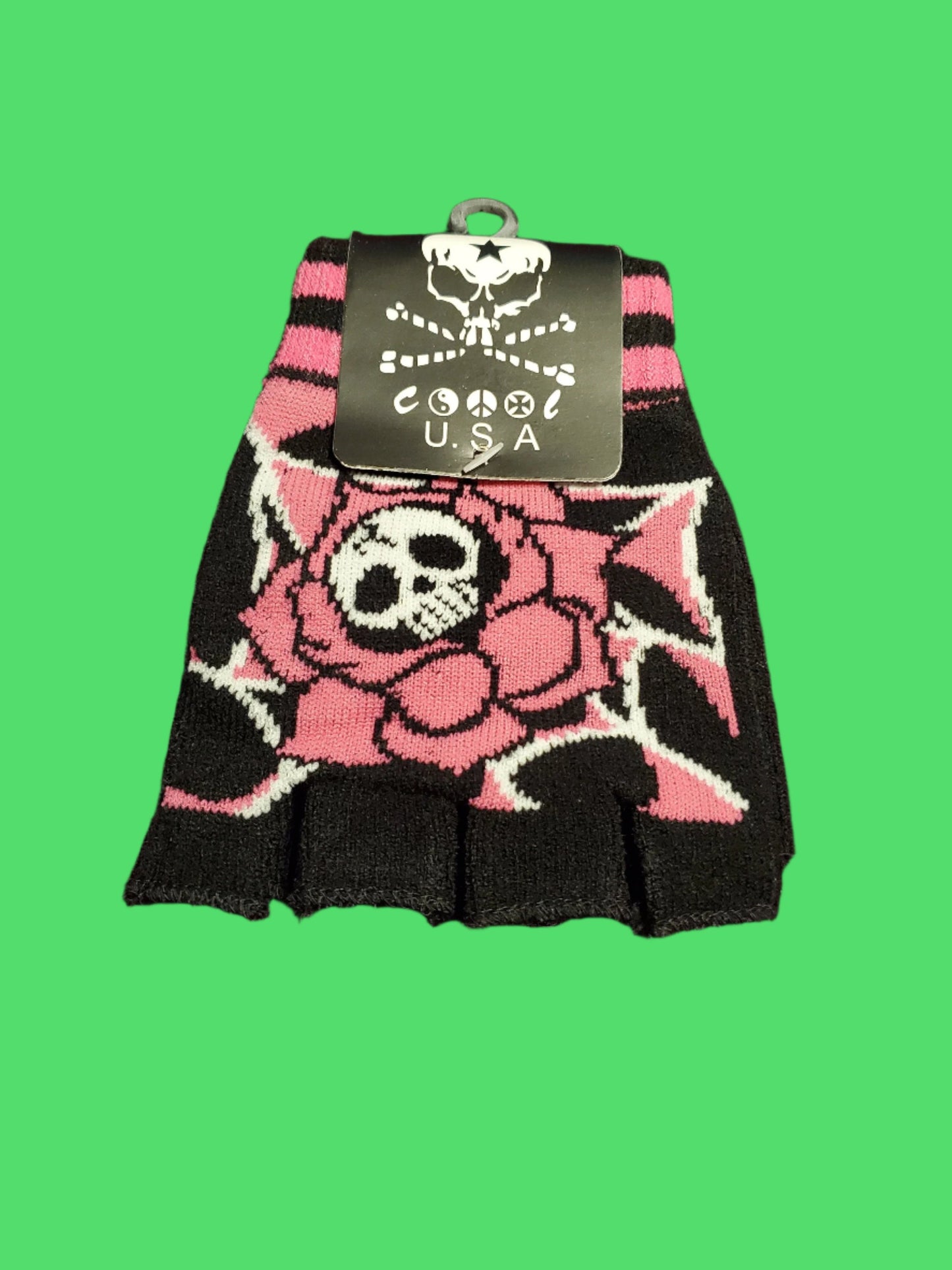 Pink Rose with Skull Fingerless Gloves