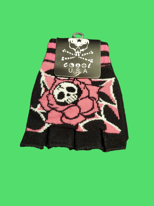 Pink Rose with Skull Fingerless Gloves